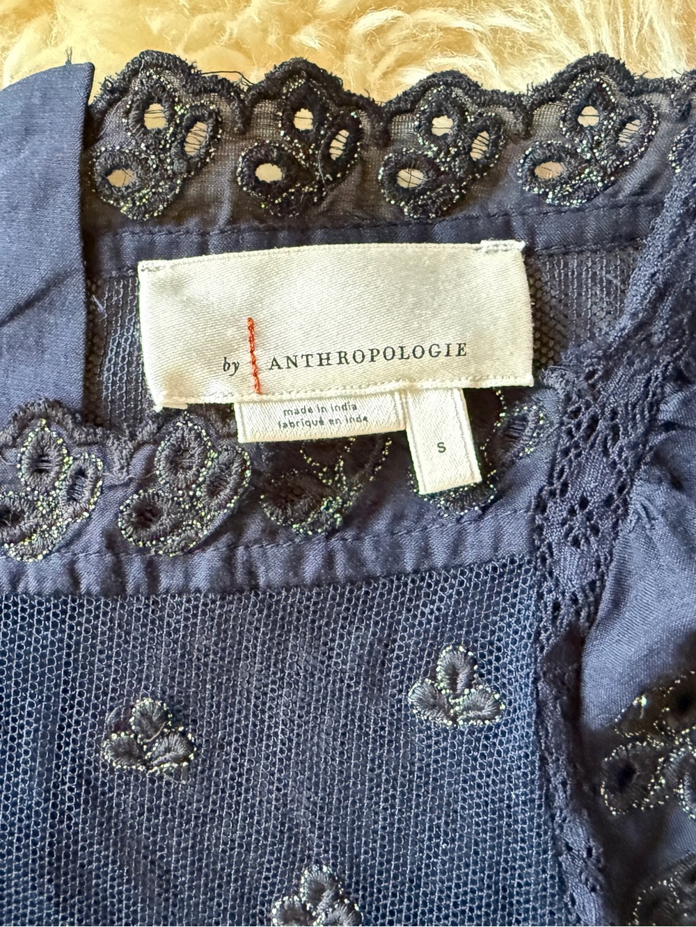 Anthropologie Navy Embroidered Eyelet Lace Mesh Babydoll Blouse Puff Sleeve S - Picture 3 of 9